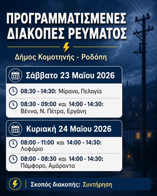 Προγραμματισμένες-διακοπές-ρεύματος-σε-οικισμούς-του-Δήμου-Κομοτηνής-στις-23-και-24-Μαΐου